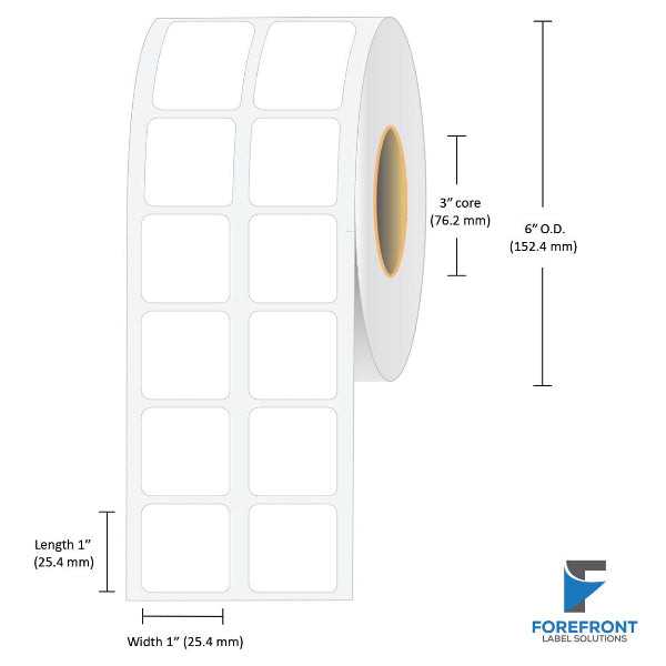 1 x 1 inch 2UP matte BOPP inkjet labels, 3800 labels per roll, 3 inch core