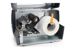 Zebra ZT231 300 DPI printer open showing the media and ribbon path