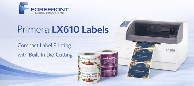 Primera LX610 color label printer with custom product labels made by its built-in plotter cutter.