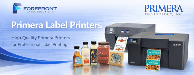 Primera LX-Series color label printers with compatible label rolls and product examples.