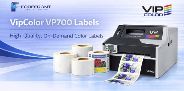 VIPColor VP700 commercial color label printer with compatible product label examples.