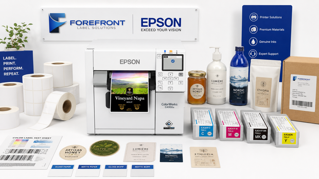 Epson ColorWorks C4000 printer with genuine SJIC41P ink cartridges, label rolls and printed product labels.