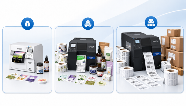 Epson ColorWorks printer comparison organized by low, medium and high business label volume.