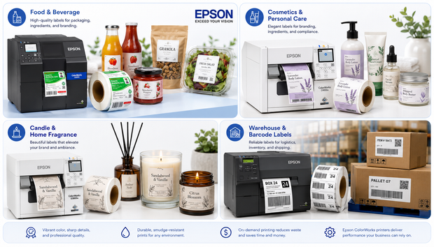 Epson ColorWorks printers and product label applications for food, cosmetics, candles and warehouse workflows.