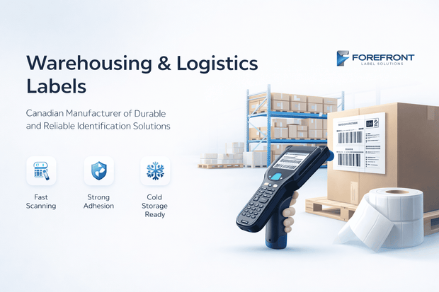 Warehouse and logistics labels used for racks, pallets, inventory, shipping and receiving in the United States.
