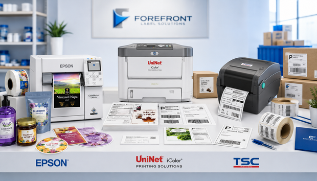 Inkjet vs laser vs thermal label printer comparison with color product labels, barcode labels, shipping cartons, label rolls, and business packaging samples