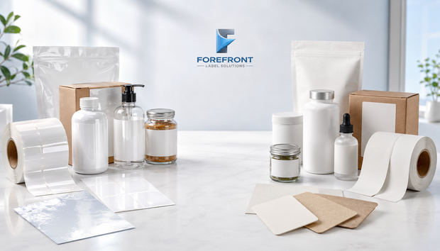 Matte vs gloss label material comparison with label rolls, product packaging, paper labels, and BOPP label samples