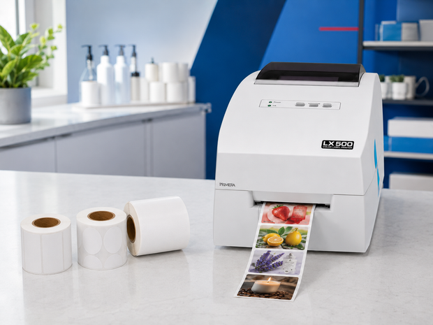 Primera LX500 color label printer with compatible compact inkjet label rolls