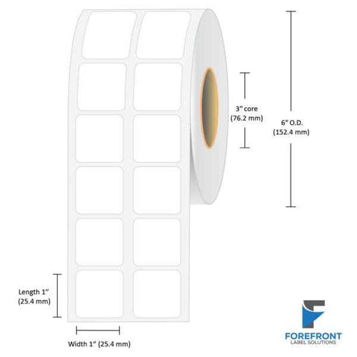 1 x 1 gloss BOPP inkjet labels in 2UP layout, 4250 labels per roll, 3 inch core, 4 inch outer diameter

