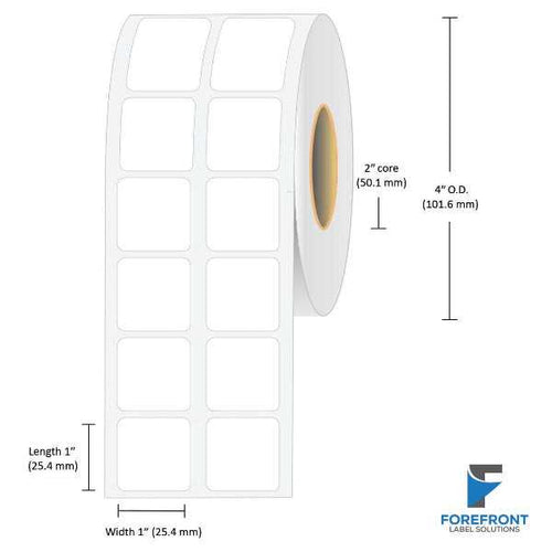 1 x 1 inch (2UP) matte BOPP inkjet labels, 1900 labels per roll, 2 inch core, 4 inch OD