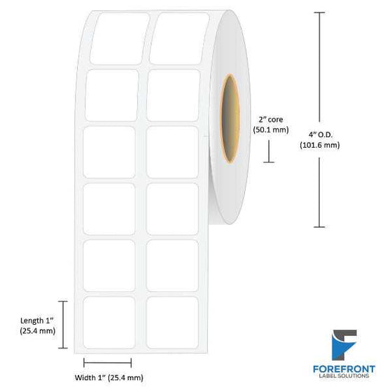 1 x 1 inch (2UP) matte BOPP inkjet labels, 1900 labels per roll, 2 inch core, 4 inch OD