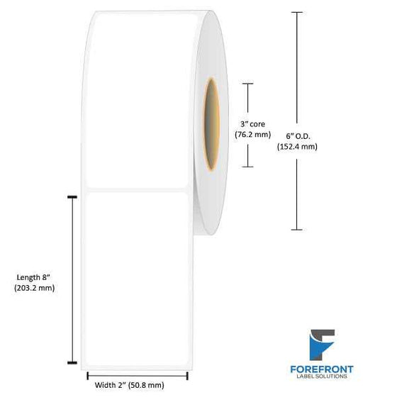 2 x 8 inch matte BOPP inkjet labels, 265 labels per roll, 3 inch core, 6 inch outer diameter