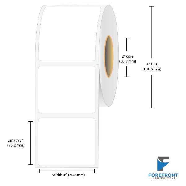 3 x 3 inch matte BOPP inkjet labels, 345 labels per roll, 2 inch core, 4 inch OD