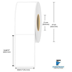 3 x 8 inch matte BOPP inkjet labels, 130 labels per roll, 2 inch core, 4 inch OD