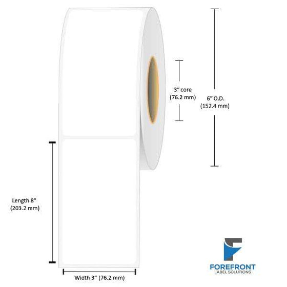 3 x 8 inch matte BOPP inkjet labels, 265 labels per roll, 3 inch core, 6 inch outer diameter
