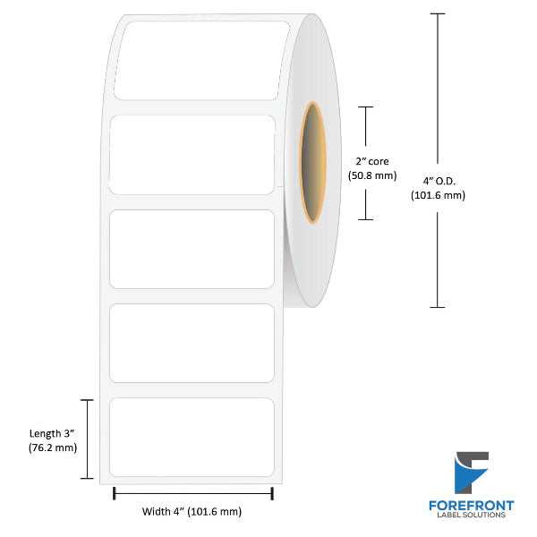 4 x 3 inch matte BOPP inkjet labels, 345 labels per roll, 2 inch core, 4 inch outer diameter