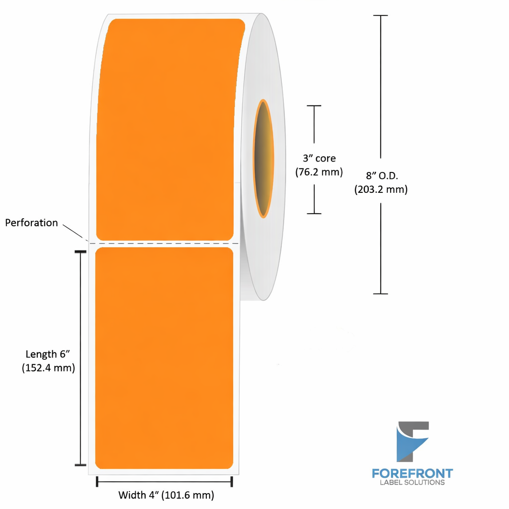 4" x 6" orange floodcoated thermal transfer labels 1000 per roll 3" core 8" OD 4 rolls per case