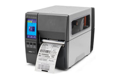 Zebra ZT231 300 DPI industrial label printer with printed label, side application view