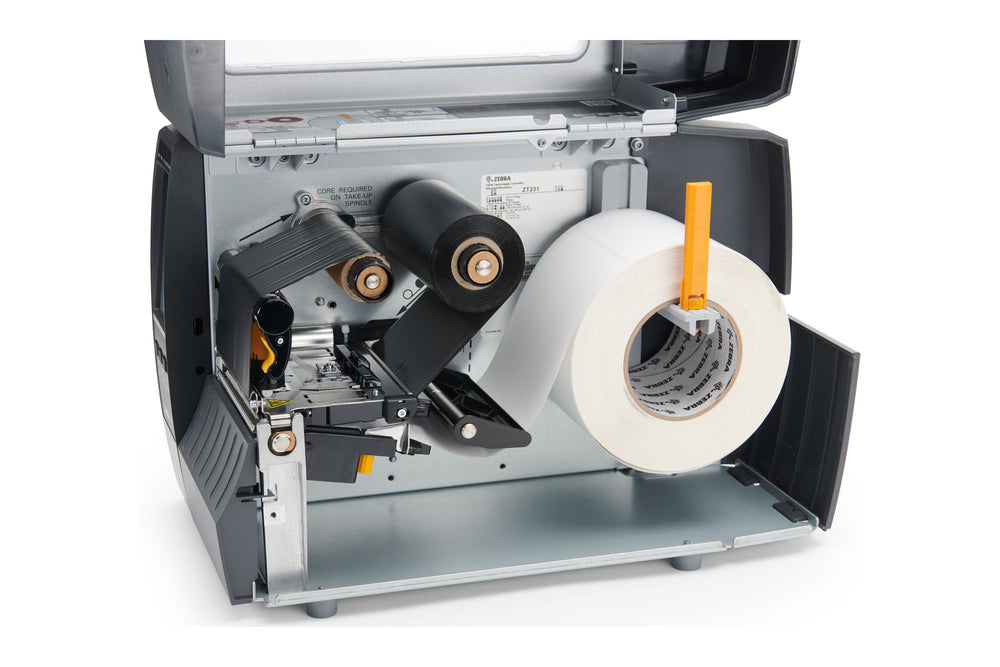 Zebra ZT231 300 DPI printer open showing the media and ribbon path