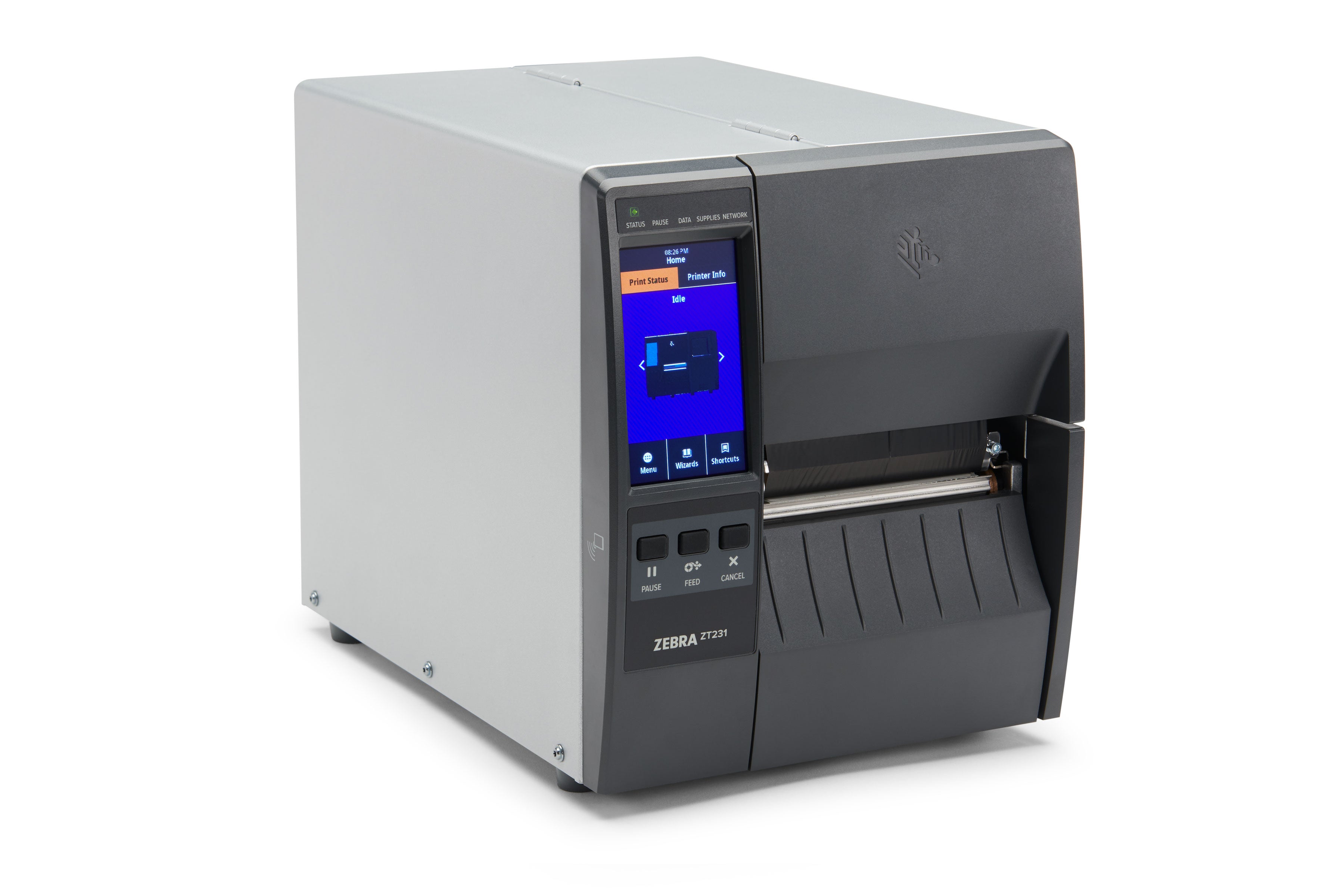 Zebra ZT231 300 DPI industrial label printer, front-right operator view