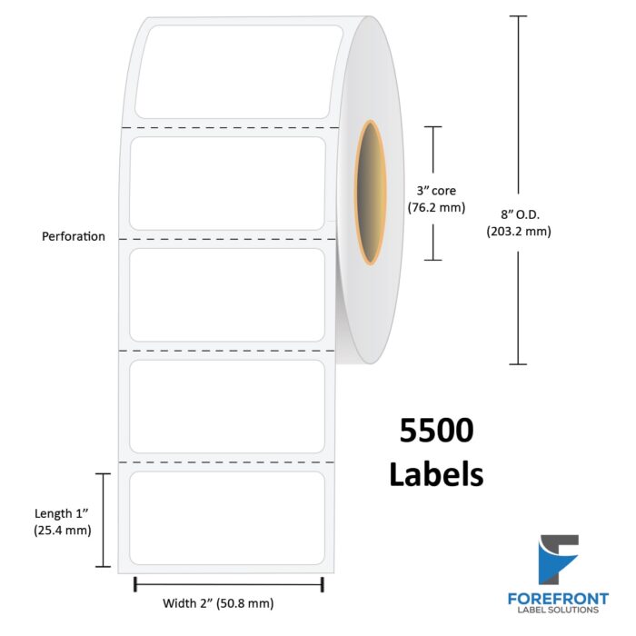 2" x 1" Uncoated Direct Thermal Label - 5500 Labels (8-Pack)