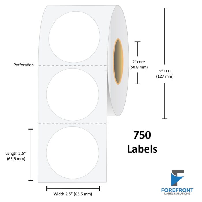 2.5" Circle Gloss Polypropylene Label - 750 Labels
