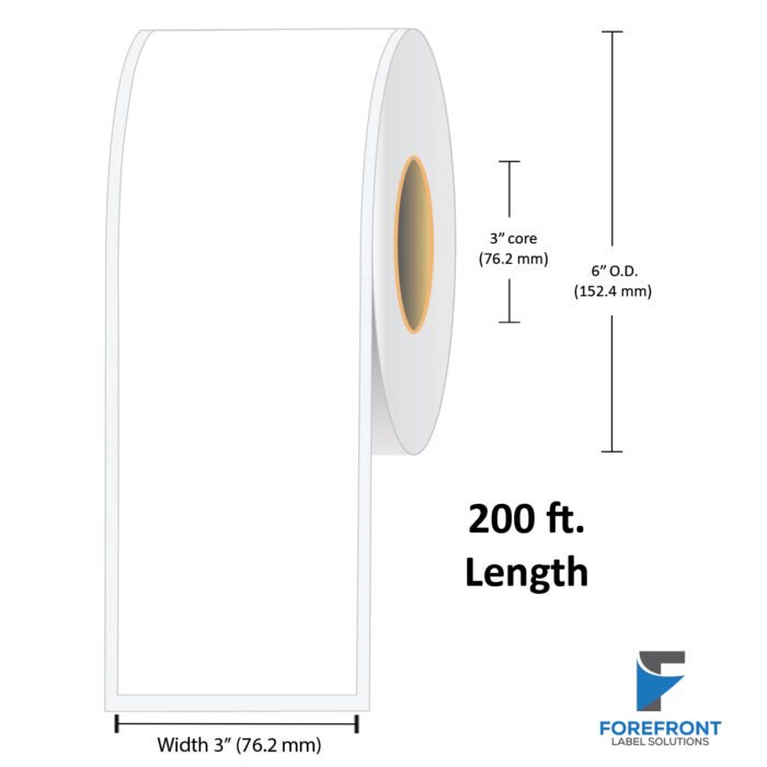 3" Continuous Gloss Polypropylene Label - 200 ft./Roll